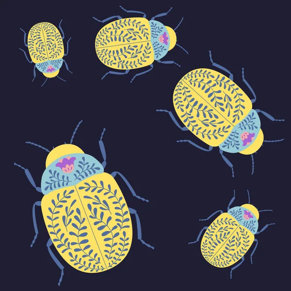 Padrão sem costura com besouros em estilo étnico. Ilustração vetorial sobre fundo azul. Impressão para tecido . —  Vetores de Stock