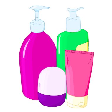 Kozmetik için kavanoz ve şişe seti. Deodorant, krem, şampuan, losyon ve duş jeli. İzole vektör illüstrasyonu.