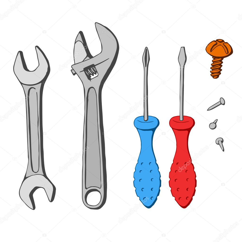 A set of tools for repair. Screwdrivers, wrenches on a white background.