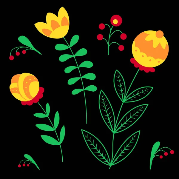 Ročník obrázek s květinami, listy a bobule na černém pozadí. Ruský styl. — Stockový vektor