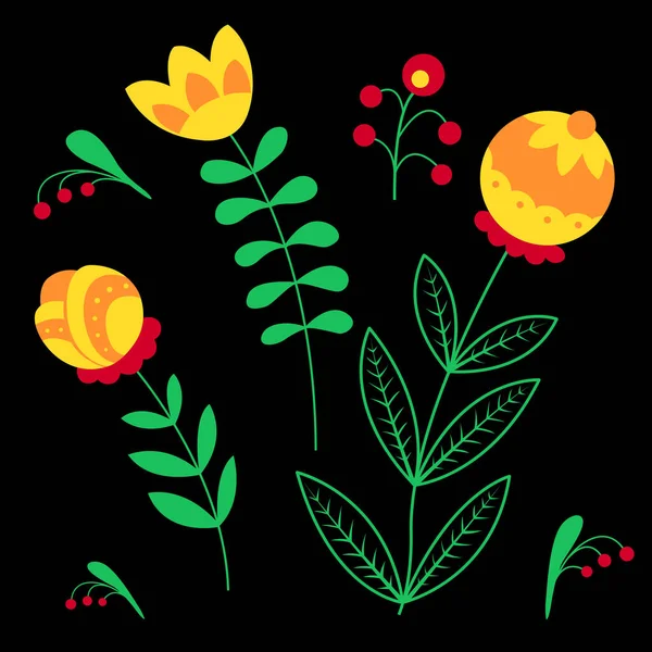 Imagen vintage con flores, hojas y bayas sobre un fondo negro. Estilo ruso . — Vector de stock