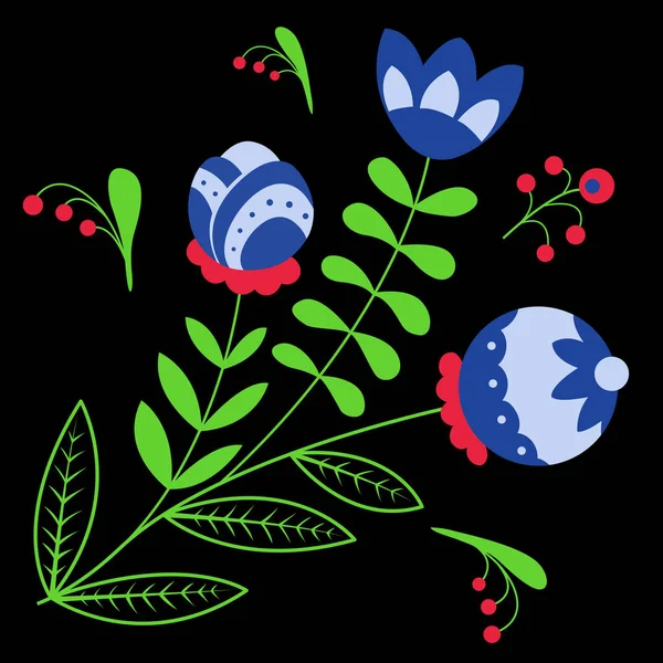 Blumenmuster auf schwarzem Hintergrund. Drucken mit Blüten, Blättern und Beeren im rustikalen Stil. Russische Volksmalerei. — Stockvektor