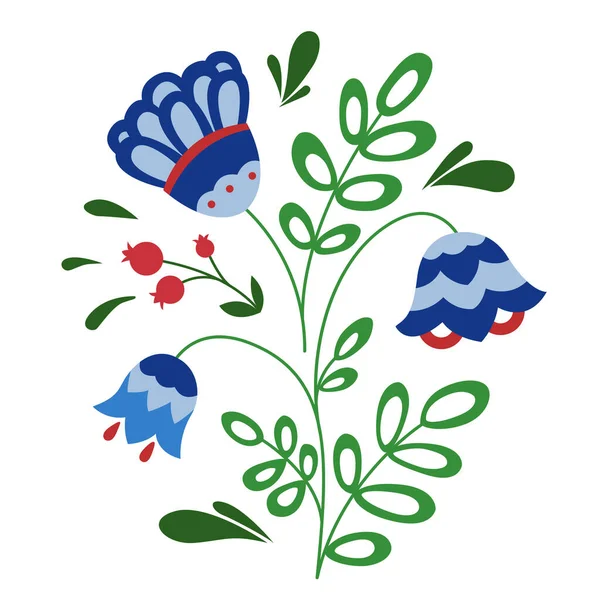 Russisches Volksdesign. Gzhel-Gemälde. Strauß blauer Blumen und roter Beeren auf weißem Hintergrund. Urlaubsausweis. — Stockvektor