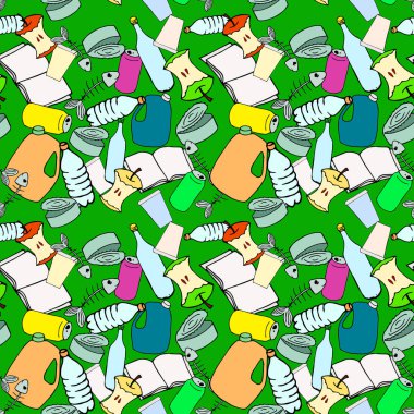 Yeşil arka planda kusursuz bir çöp deseni var. Organikler, plastik ve diğer atıklar. Atık ayıklama. Ekoloji sorunları.