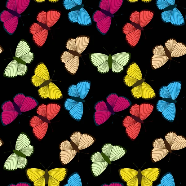 Nahtloses Muster mit Schmetterlingen auf schwarzem Hintergrund. — Stockvektor