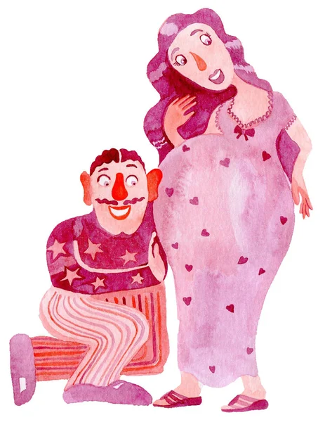 Вагітна Пара Акварельна Ілюстрація Рожево Фіолетова — стокове фото
