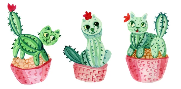 แมวและ cacti ภาพประกอบสีน้ําน่ารัก — ภาพถ่ายสต็อก