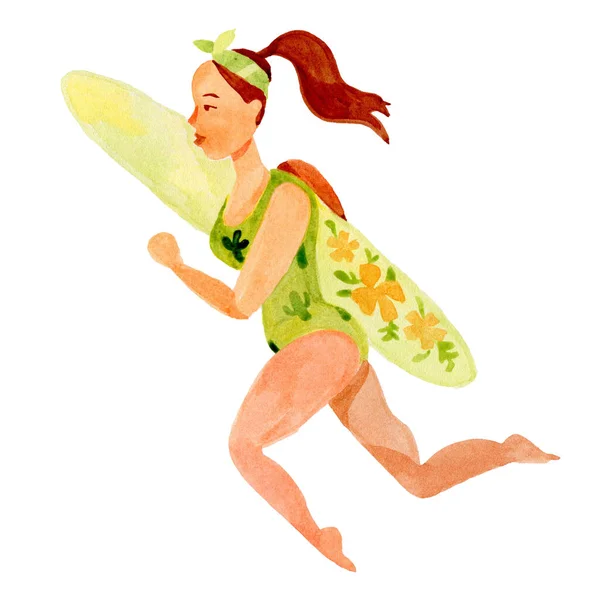Girl surfs การ์ตูนตัวละครสีน้ําด้วยมือ — ภาพถ่ายสต็อก