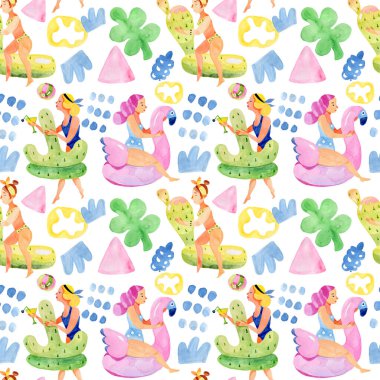 Flamingo ve kaktüs şeklinde şişme daireler çizen kusursuz yaz kızları.