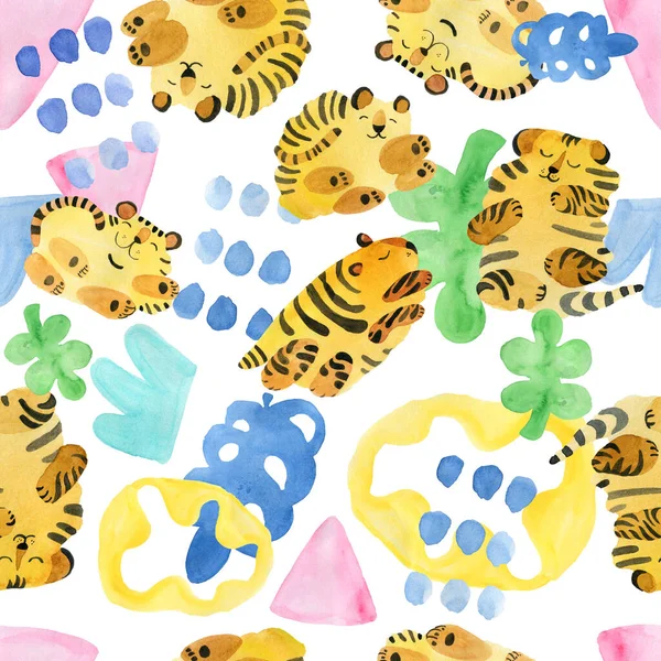 Nahtloses Muster mit Tigern und abstrakten Flecken tropischer Motive — Stockfoto