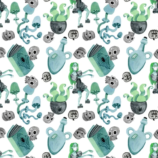 Halloween seamless pattern watercolor potion of zombies and mushrooms — Stock Photo, Image