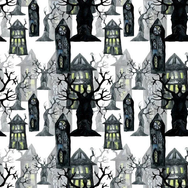 Halloween calle aislado casas y árboles aterrador —  Fotos de Stock