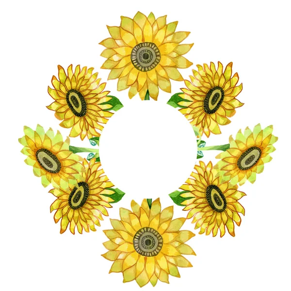 Kwiaty ramki i wieńce słonecznik żółty akwarela — Zdjęcie stockowe