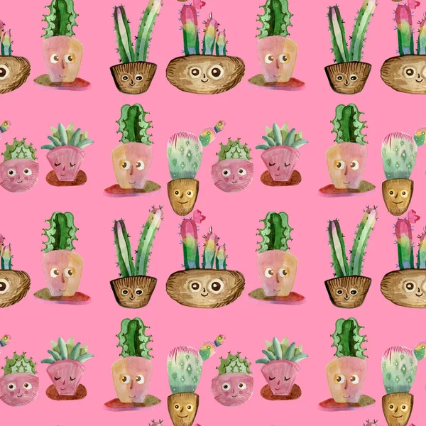 Απρόσκοπτη μοτίβο για παιδικά δωμάτια, για παιδικά αγαθά χαριτωμένο cartoon cacti σε γλάστρες — Φωτογραφία Αρχείου