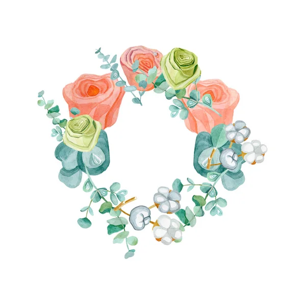 Roses eucalyptus cotton wreath fashionable floristry clipart frame for text wedding invitation — Stock Photo, Image