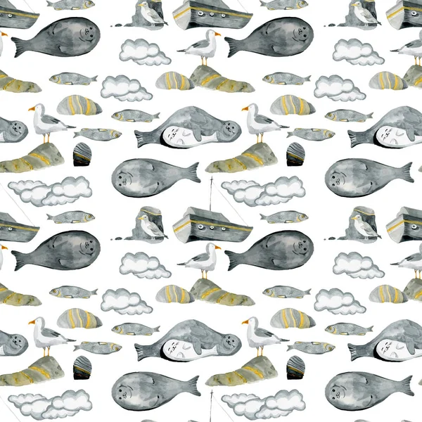 Nahtloses Muster mit Möwen, Krügen, Fischen, mit Aquarell bemalten Robben — Stockfoto