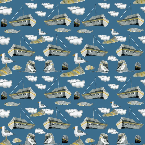 Motif sans couture imprimé en mer avec mouettes, bocaux, poissons, phoques peints à l'aquarelle — Photo