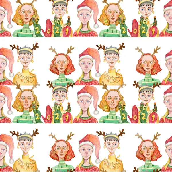 Weihnachten nahtlose Muster mit Menschen mit Mädchen digitale Papiertapete Santas Rentierhut Aquarell — Stockfoto