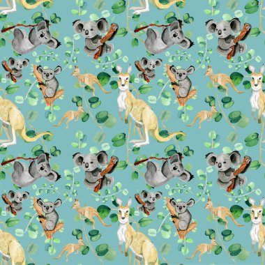 Tatlı suluboya hayvanlarla kusursuz desen Avustralya koala kangurusu okaliptüs ve çiçekler