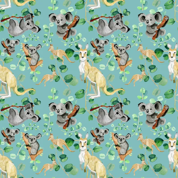 Nahtloses Muster mit niedlichen Aquarelltieren Australien Koala-Känguru Eukalyptus und Blumen — Stockfoto