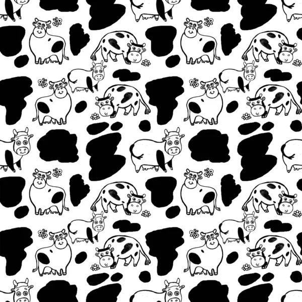 Black and white seamless pattern with cows drawn by hand — Stock Photo, Image