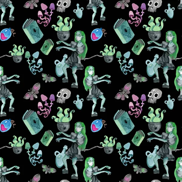 Halloween seamless pattern with zombies and magic — Stock Photo, Image