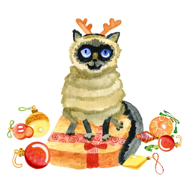 Мила різдвяна кошеня акварельна ілюстрація — стокове фото