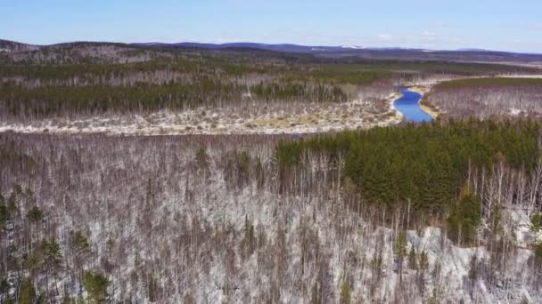 Flygbilder floden flyter i skogen bland de snöiga stränderna i soligt väder. — Stockvideo