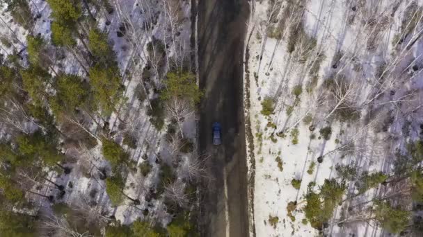 Vue aérienne de la voiture qui roule sur une route forestière au milieu des arbres .