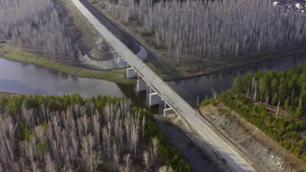 Flygfoto över en vägbro över en flod i skogen. — Stockvideo