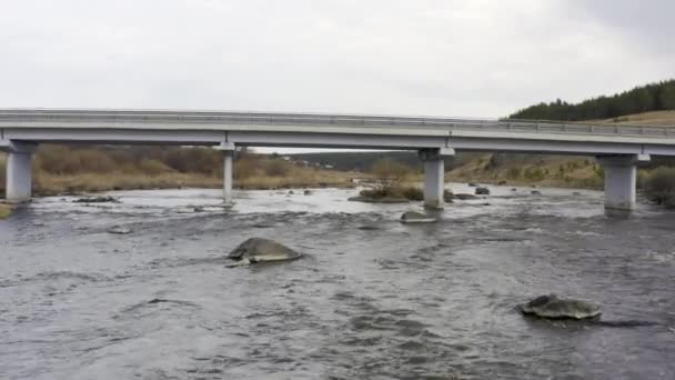 Unter einer Straßenbrücke über das Wasser fliegen — Stockvideo