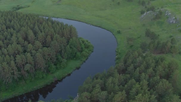 Vista aérea del río con una roca y bosque en las orillas — Vídeo de stock