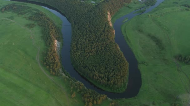 Αεροφωτογραφία του ποταμού με βράχο και δάσος στις όχθες — Αρχείο Βίντεο