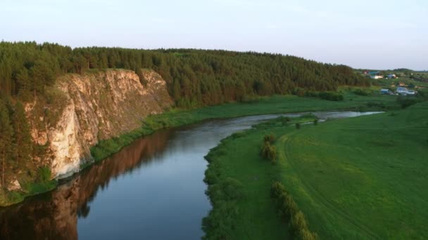 Vue aérienne de la rivière avec un rocher et une forêt sur les rives — Video