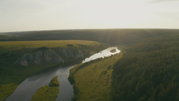 河岸上有平滑的水和森林的河景 — 图库视频影像
