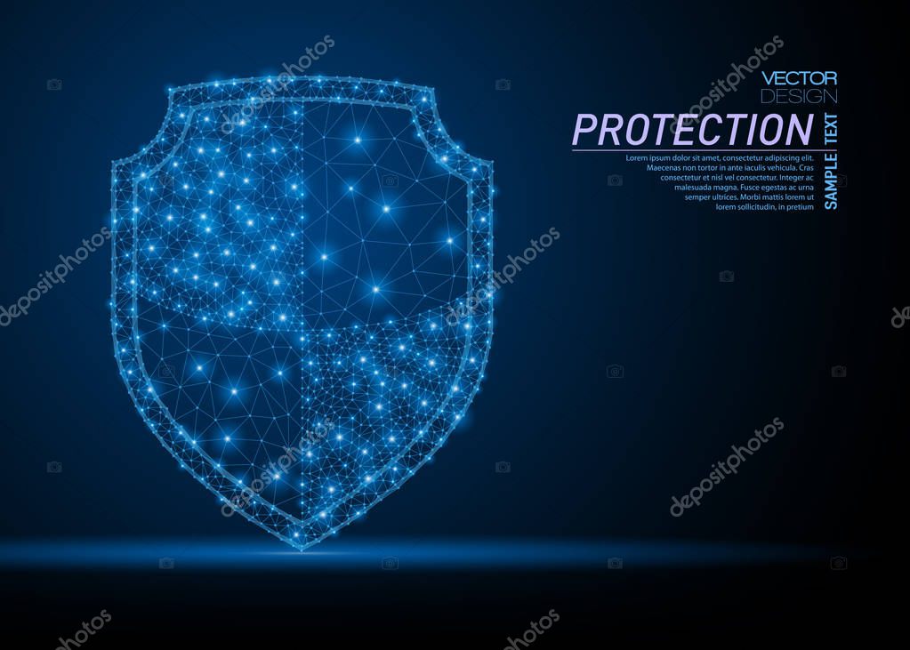 Abstract polygonal light of shield. Business wireframe mesh spheres from flying debris. Protection or safety concept. Blue structure style vector illustration with geometry triangles.
