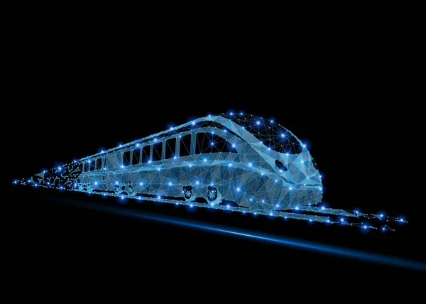 Soyut poligonal hafif yüksek hızlı banliyö yolcu treni. İş tel kafes kafes küre enkaz uçan üzerinden. Kavram seyahat. Mavi yapı tarzı raster illüstrasyon.