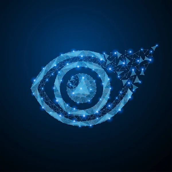 多角形の光人間の目サインを抽象化します ビジネス ワイヤは 飛び散る破片から球をメッシュします デジタル ビジョン セキュリティ技術と監視の概念 青い構造スタイル ラスター図 — ストック写真