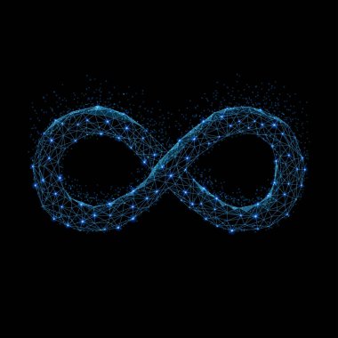 Soyut poligonal ışık sonsuzluk işareti. İş tel kafes kafes küre enkaz uçan üzerinden. Endlessness kavramı. Mavi yapı tarzı raster illüstrasyon.