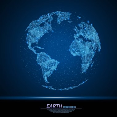 Soyut poligonal ışık dünya dünya dünya haritası. İş tel kafes kafes küre enkaz uçan üzerinden. İş iletişim kavramı. Mavi yapı stil vektör çizim.