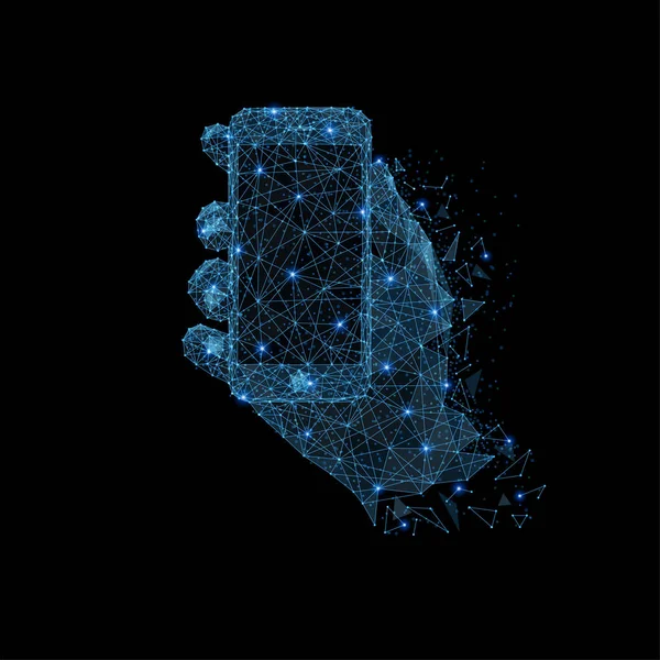 Abstraktní Polygonální Světlo Ruky Držící Smartphone Obchodní Drátové Sítě Koule — Stock fotografie