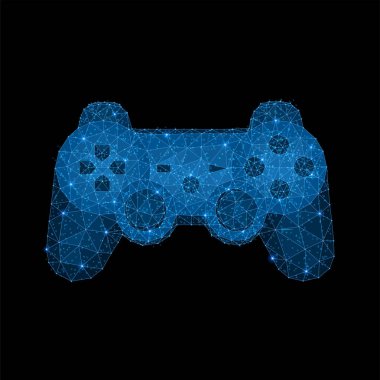 Video oyunları için joystick soyut poligonal ışığı. İş tel kafes kafes küre enkaz uçan üzerinden. Oyun pedi kavramı. Mavi yapı tarzı raster illüstrasyon.