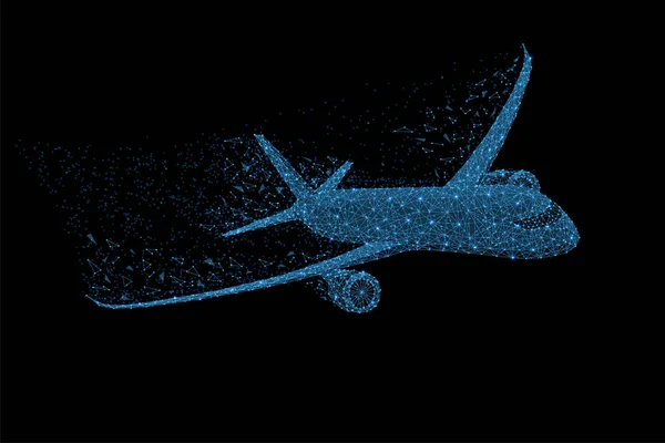 Yolcu uçağının soyut poligonal ışığı. İş tel kafes kafes küre enkaz uçan üzerinden. Seyahat kavramı. Mavi yapı tarzı raster illüstrasyon.