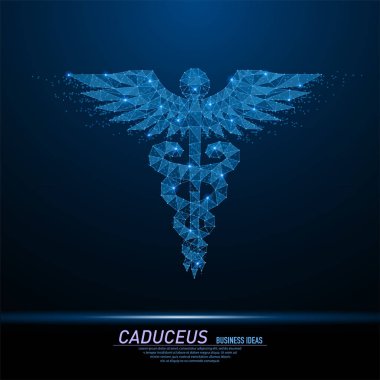 Soyut poligonal ışık Caduceus sağlık sembol. İş tel kafes kafes küre enkaz uçan üzerinden. Tıbbi simge kavramı. Mavi yapı stil vektör çizim.