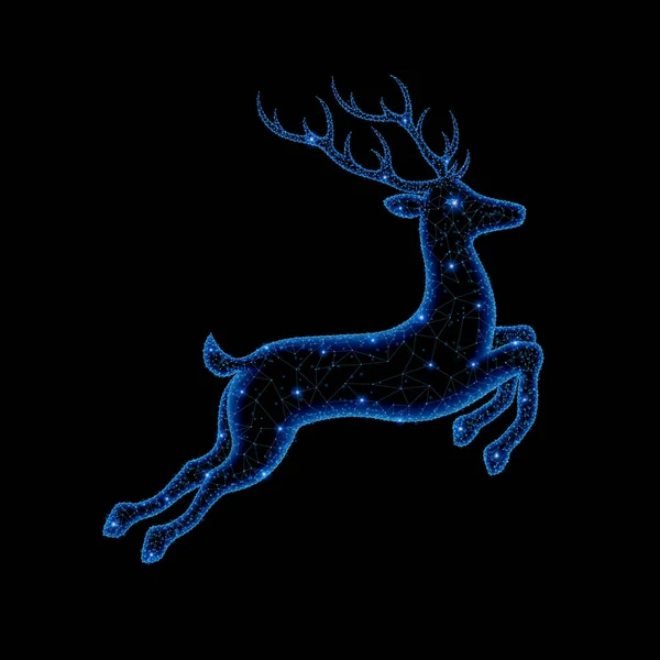 クリスマスの鹿は低ポリゴンの抽象的な多角形光 ビジネス ワイヤは 飛び散る破片から球をメッシュします 新年休日のコンセプトです 青い構造スタイル ラスター図 — ストック写真
