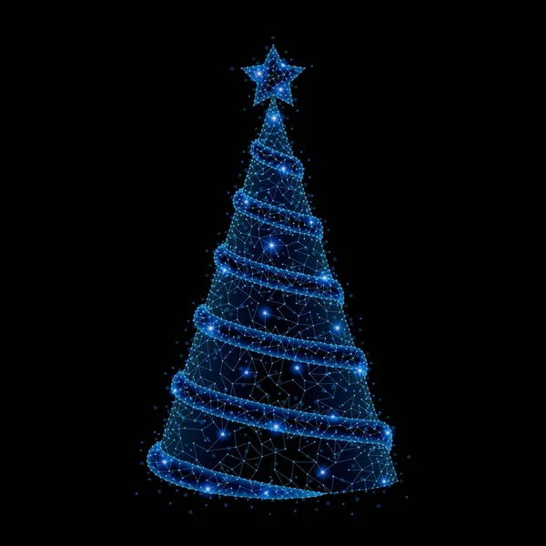 Abstract polygonal light of Low poly Christmas tree with cone structure. Business wireframe mesh spheres from flying debris. New year holiday concept. Blue structure style raster illustration.