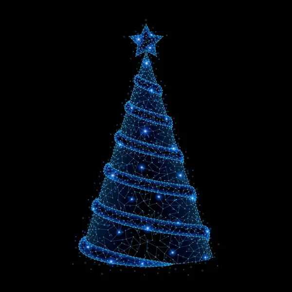 円錐形構造で低ポリ クリスマス ツリーの抽象的な多角形光 ビジネス ワイヤは 飛び散る破片から球をメッシュします 新年休日のコンセプトです 青い構造スタイル ラスター図 — ストック写真