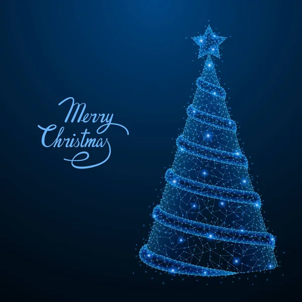 円錐形構造で低ポリ クリスマス ツリーの抽象的な多角形光 ビジネス ワイヤは 飛び散る破片から球をメッシュします 新年休日のコンセプトです 青い構造ベクトル イラスト — ストックベクタ