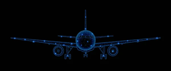 旅客機フロント Veiw の抽象的な多角形光 ビジネス ワイヤは 飛び散る破片から球をメッシュします 旅行の概念 青い構造スタイル ラスター図 — ストック写真
