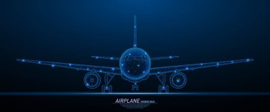 Yolcu uçağının ön veiw soyut poligonal ışığı. İş tel kafes kafes küre enkaz uçan üzerinden. Seyahat kavramı. Mavi yapı stil vektör çizim.